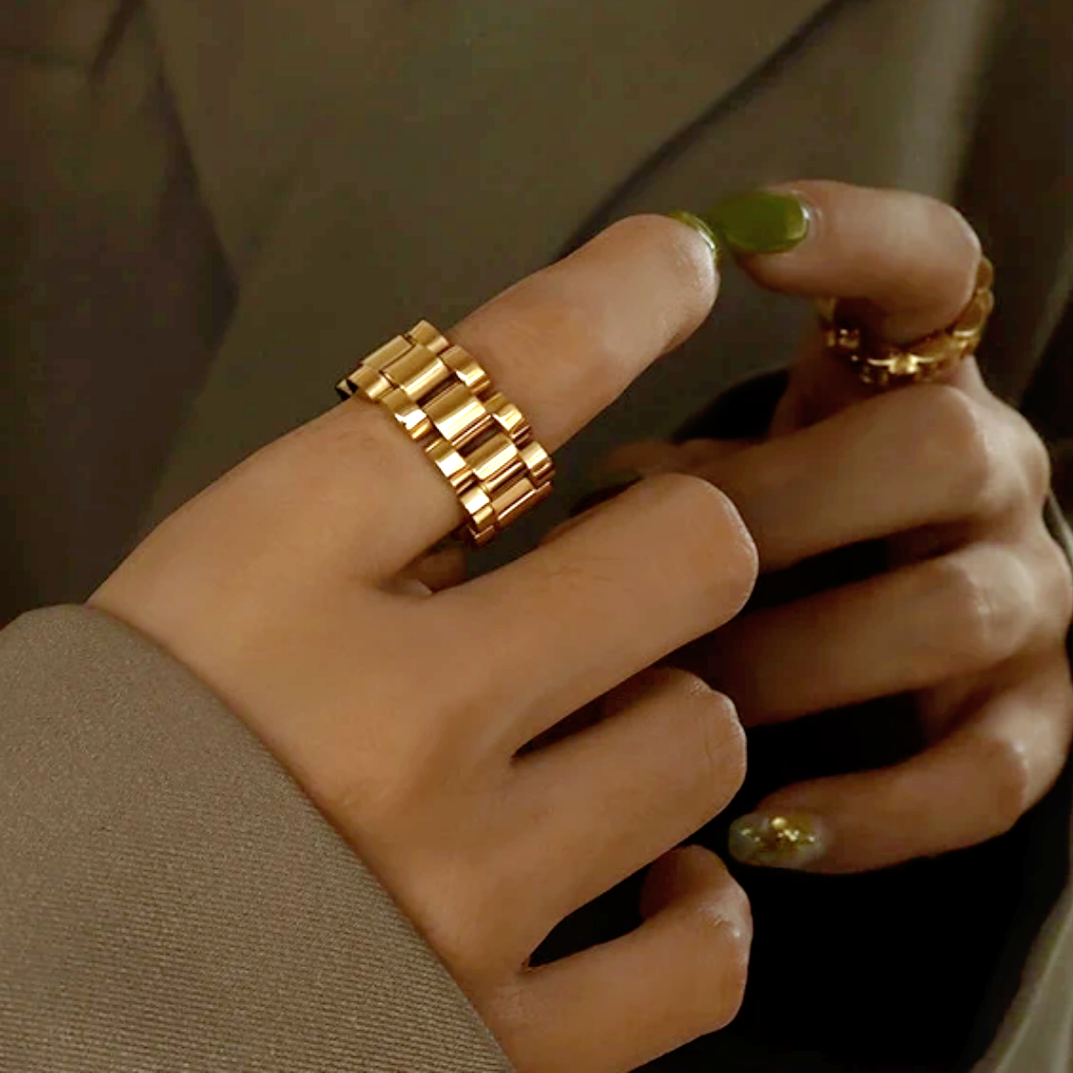 Chunky Gold Plated Watchband Statement Ring