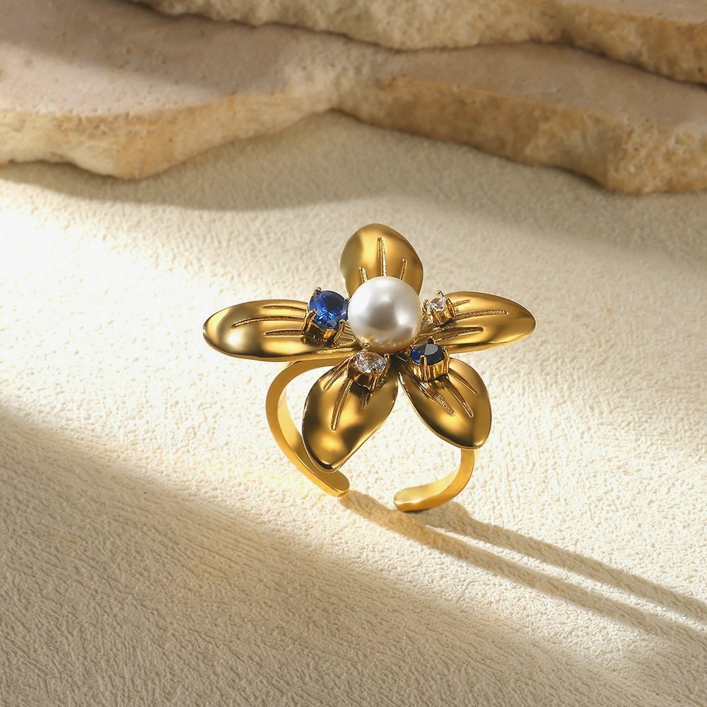 18k Gold Plated Flower Ring with Pearl & Cubic Zircon