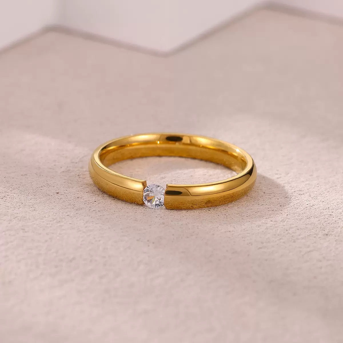 18K Gold Plated Crystal Solitaire Ring - Size 7