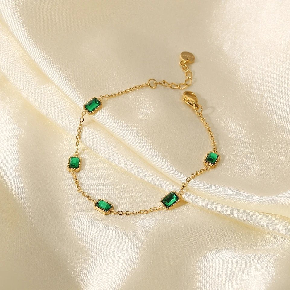 Green Crystal-Studded Thin Chained Bracelet