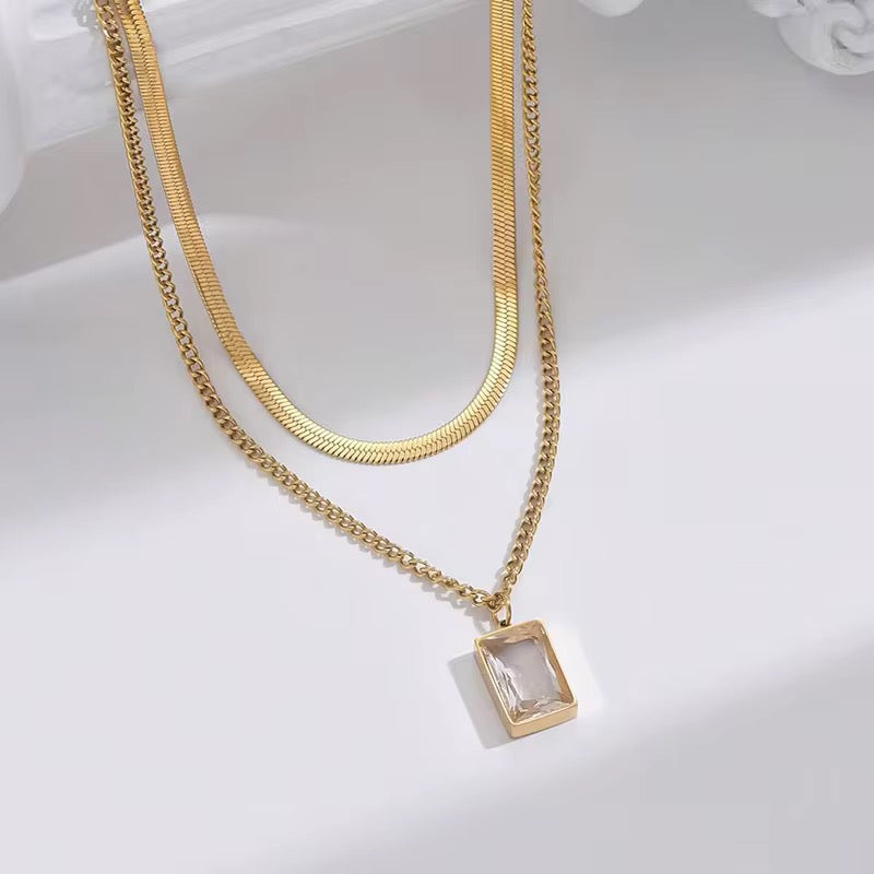 Gold Plated White Crystal Layered Necklace