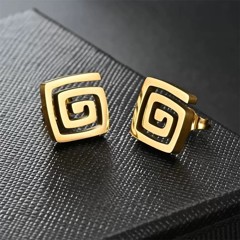 Spiral Square Gold Stud Earrings