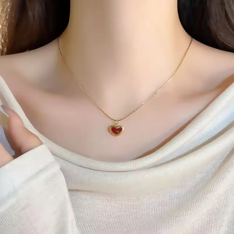Minimal Maroon Heart Gold Plated Necklace