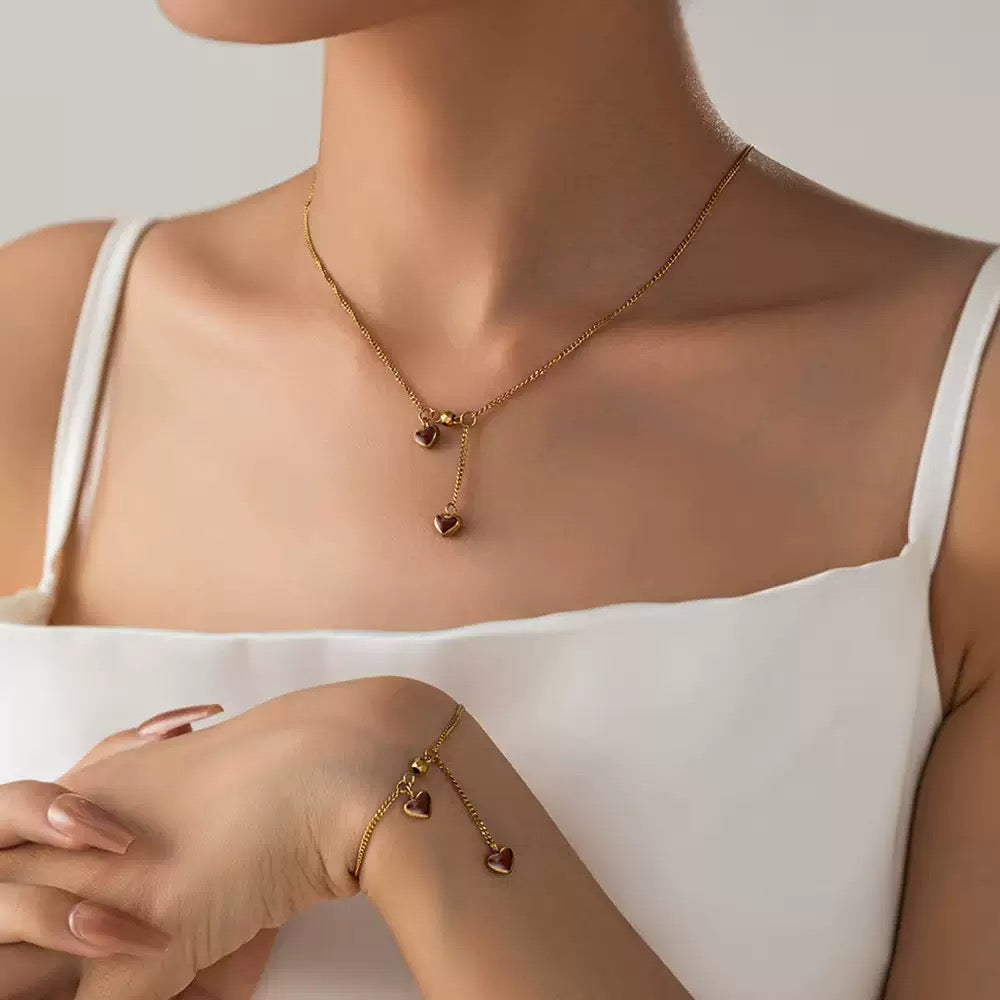 Gold Plated Water Proof Maroon Mini Hearts Necklace