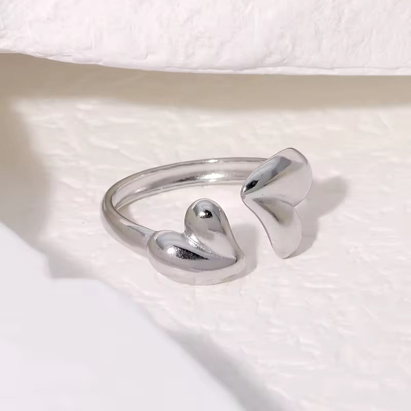 Polished Stainless Steel Fluid Duo Heart Adjustable Ring