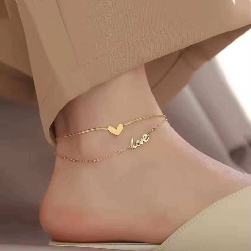 18K Gold Plated Double-Layer Heart & “Love” Anklet