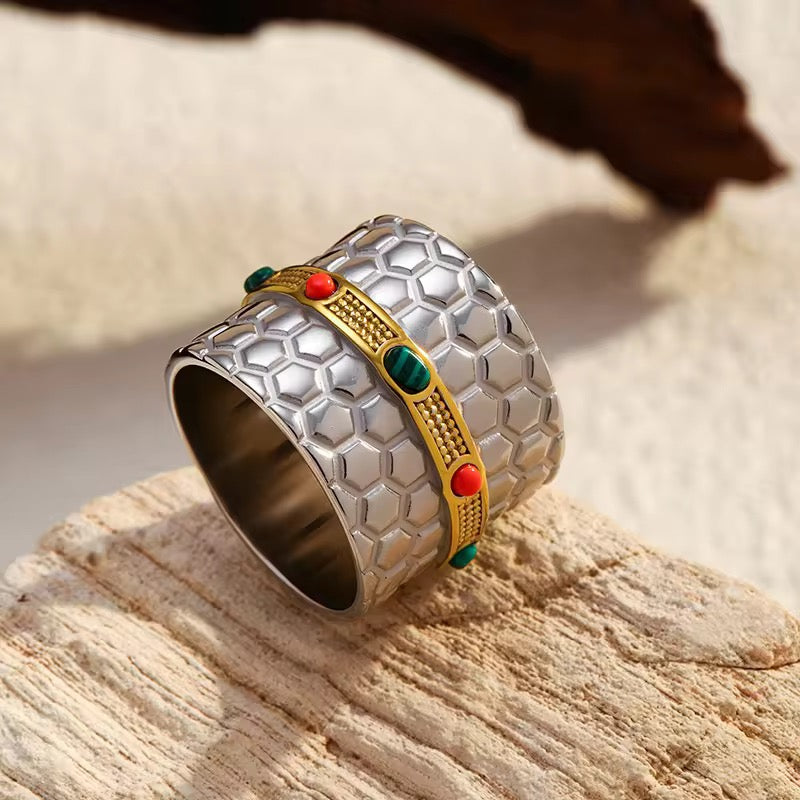 Bold Stainless Steel Ring with Colored Stones