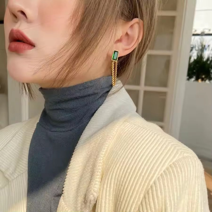 Green Crystal Long Chained Earrings