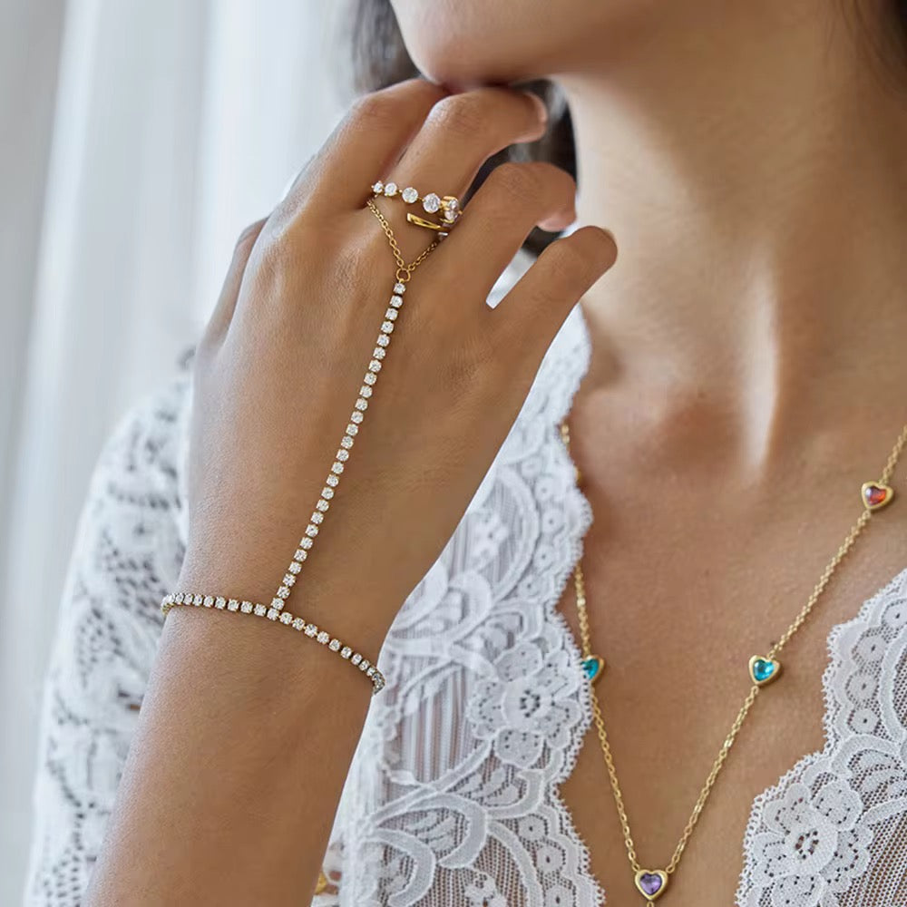 Crystal Tennis Hand Chain Bracelet Ring