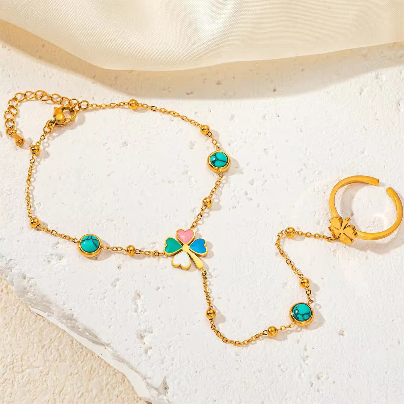 Lucky Clover Turquoise Hand Chain Ring Bracelet