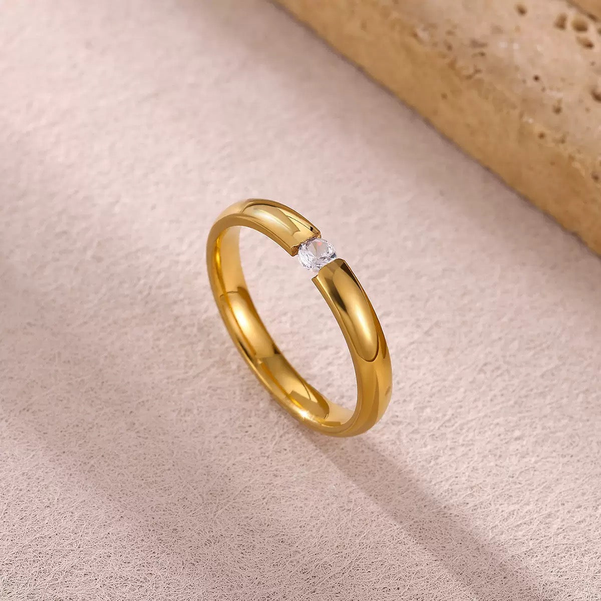 18K Gold Plated Crystal Solitaire Ring - Size 7