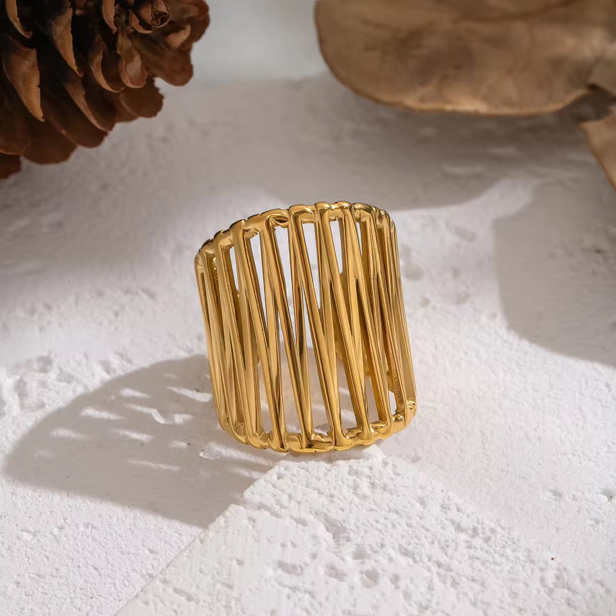 Gold Plated Wide Geometric Linear Wire Adjustable Ring