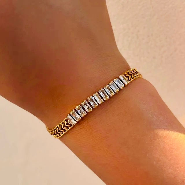 Crystal-Studded Heavy Chained Gold Plated Bracelet