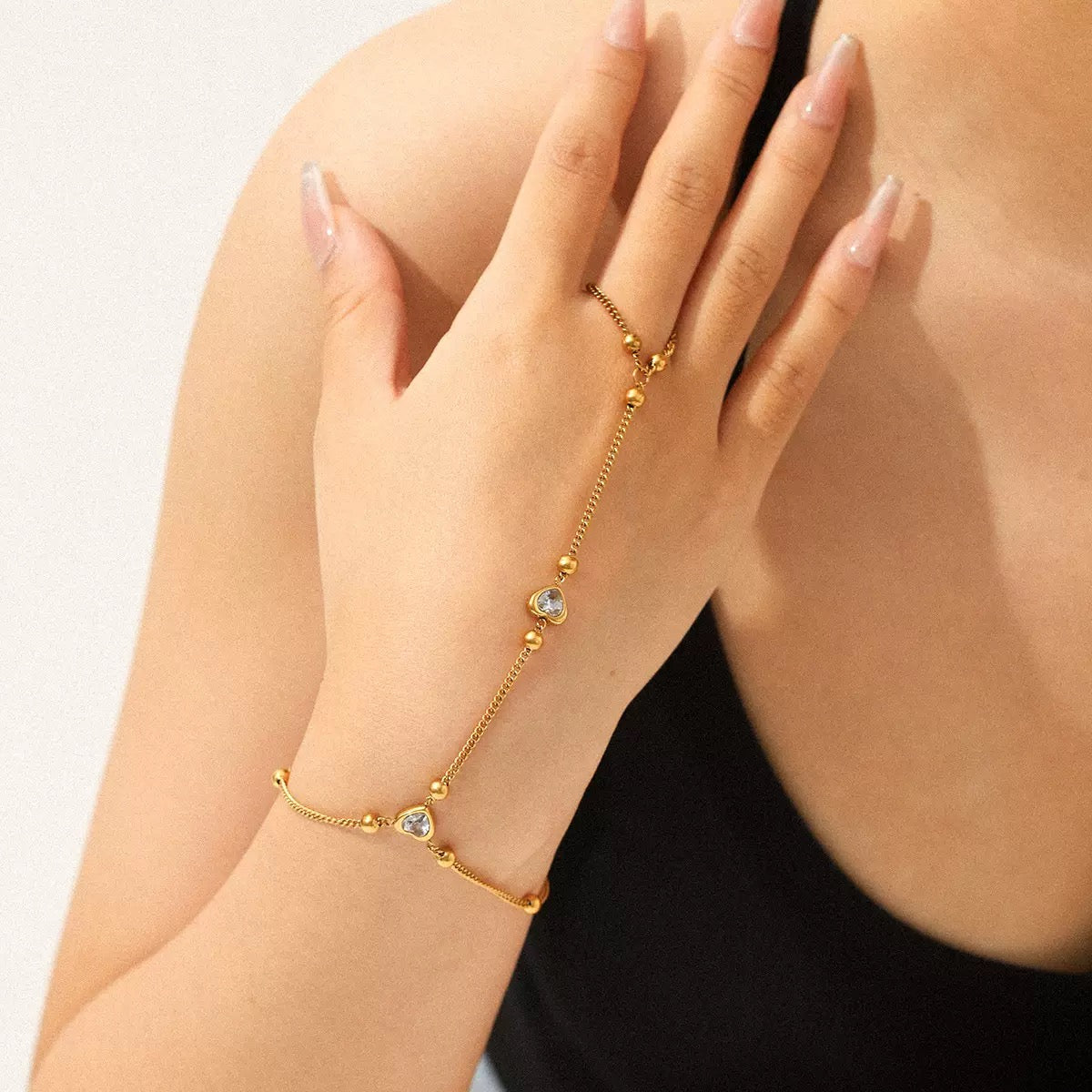 Gold Plated Beaded Heart Hand Chain Bracelet