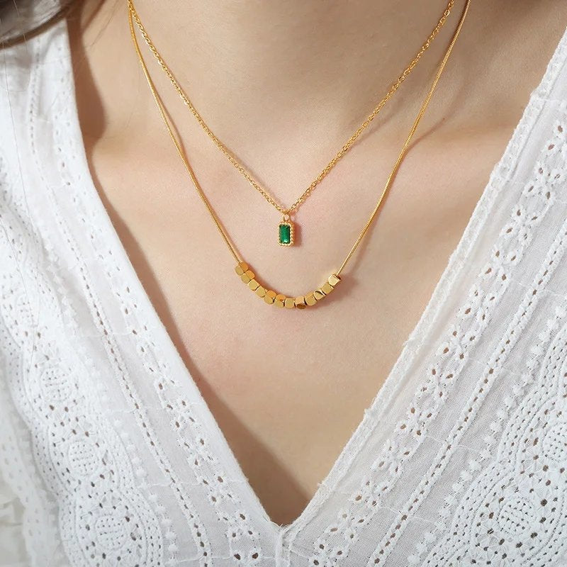 Emerald Studded Multilayered Gold Plated Necklace
