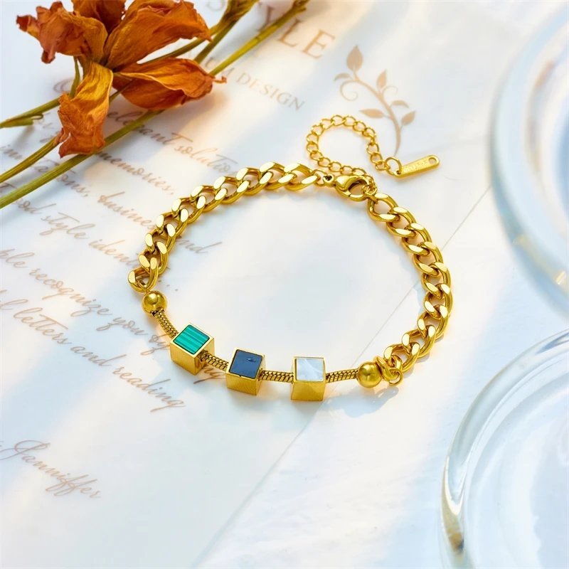 Thick Chained Cube Shaped Multi-Charm Waterproof Bracelet