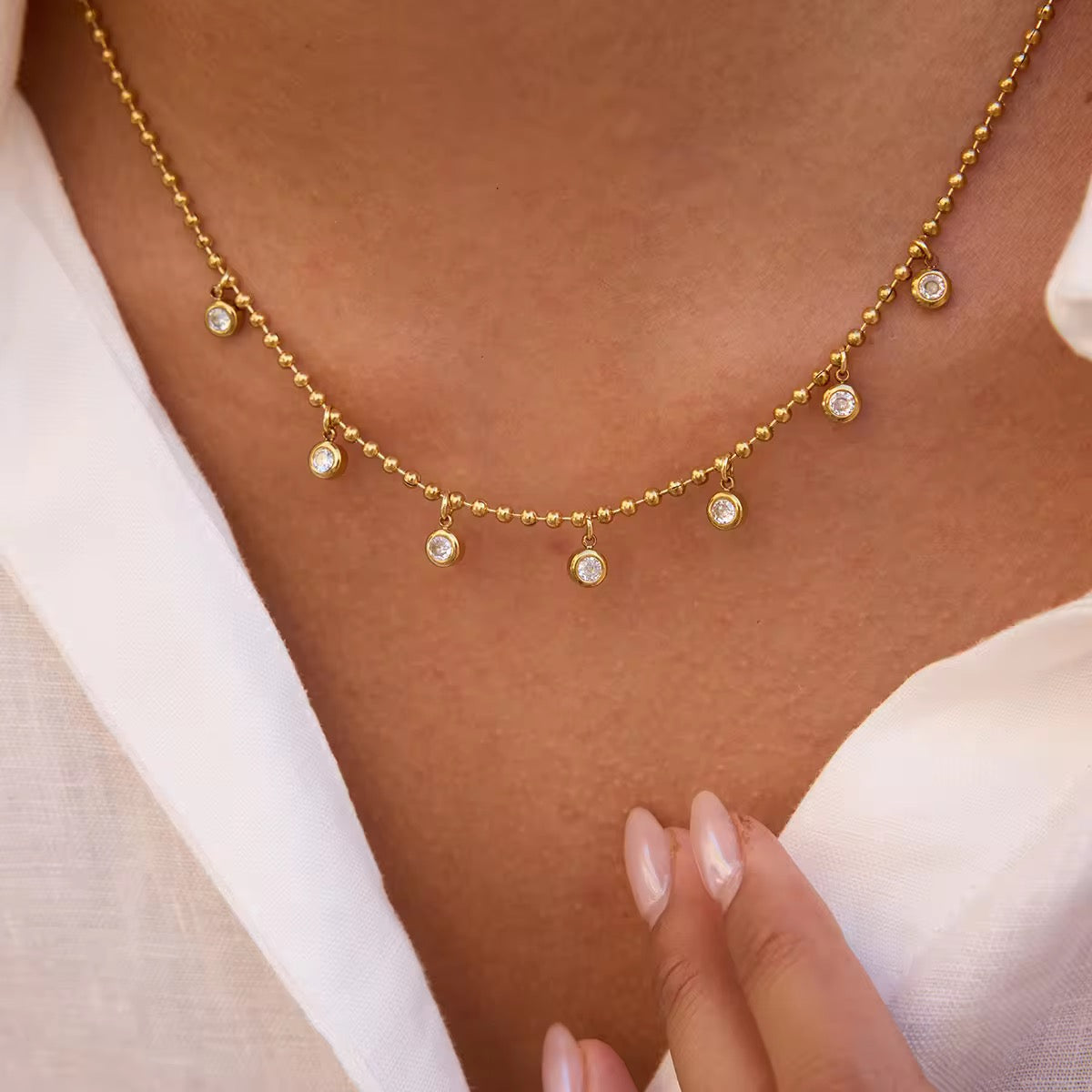 Dainty Beaded Solitaire Drop Necklace