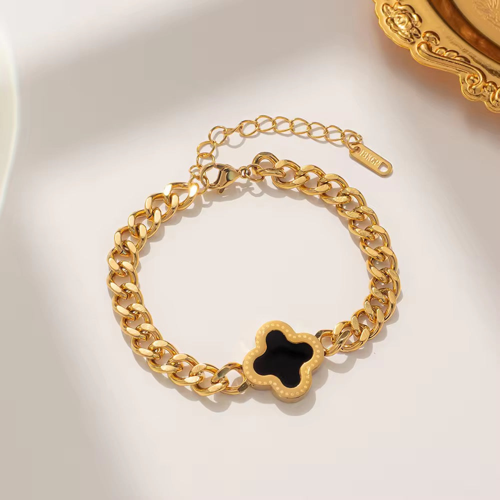 18K Gold Plated Black Clover Curb Chain Bracelet