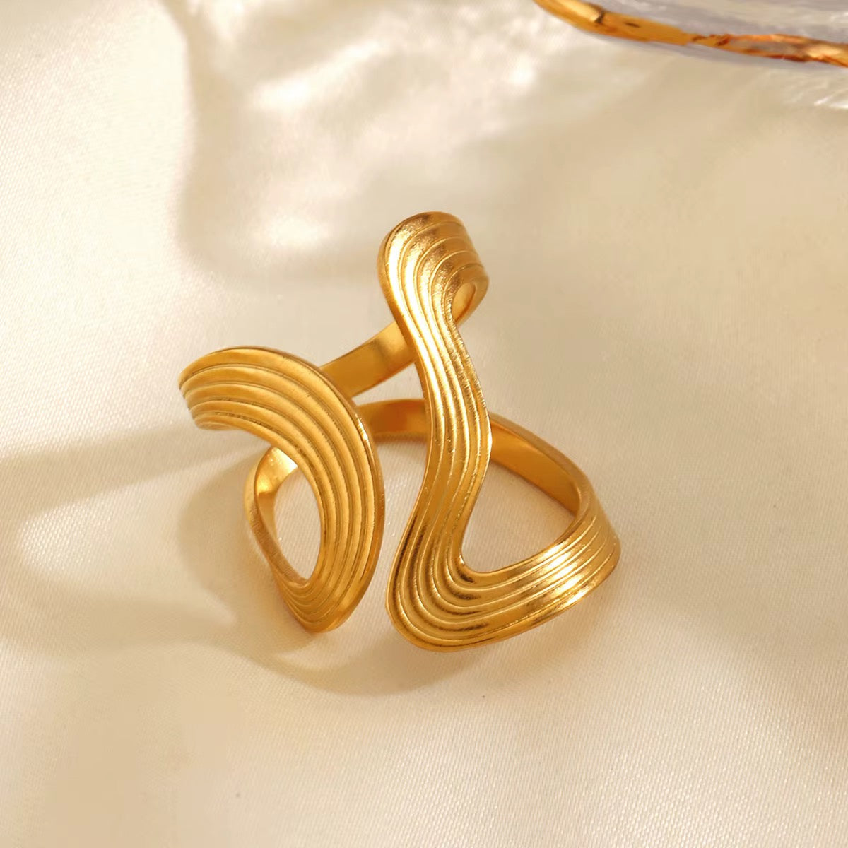 Ribbon Wave Textured Adjustable Statement Ring