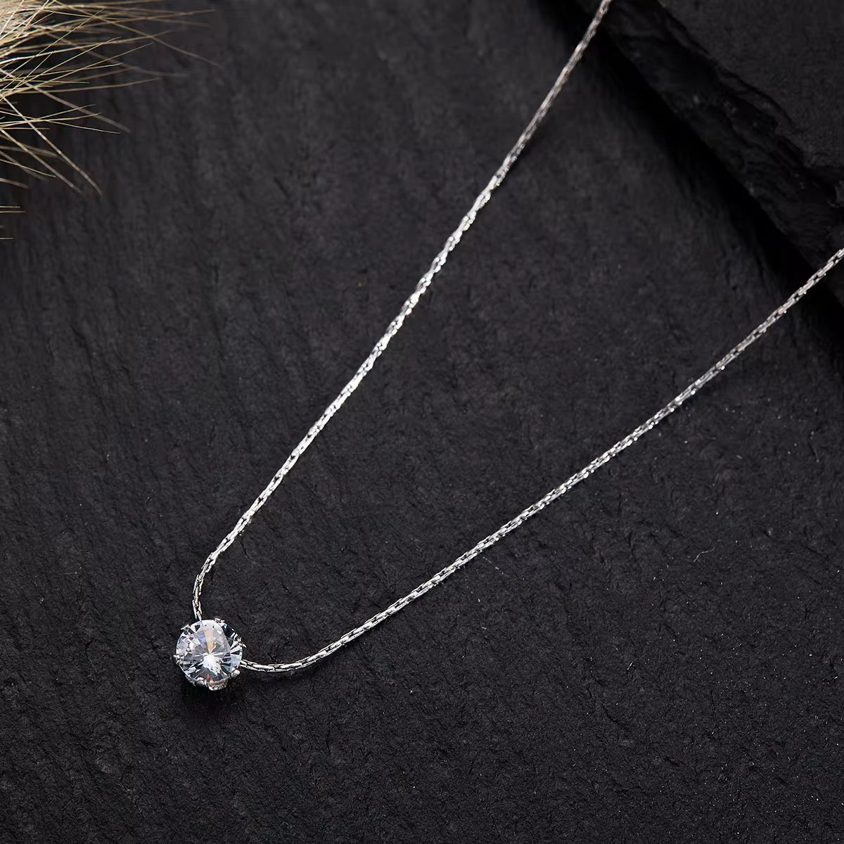 Minimal Silver Stainless Steel Crystal Studded Necklace
