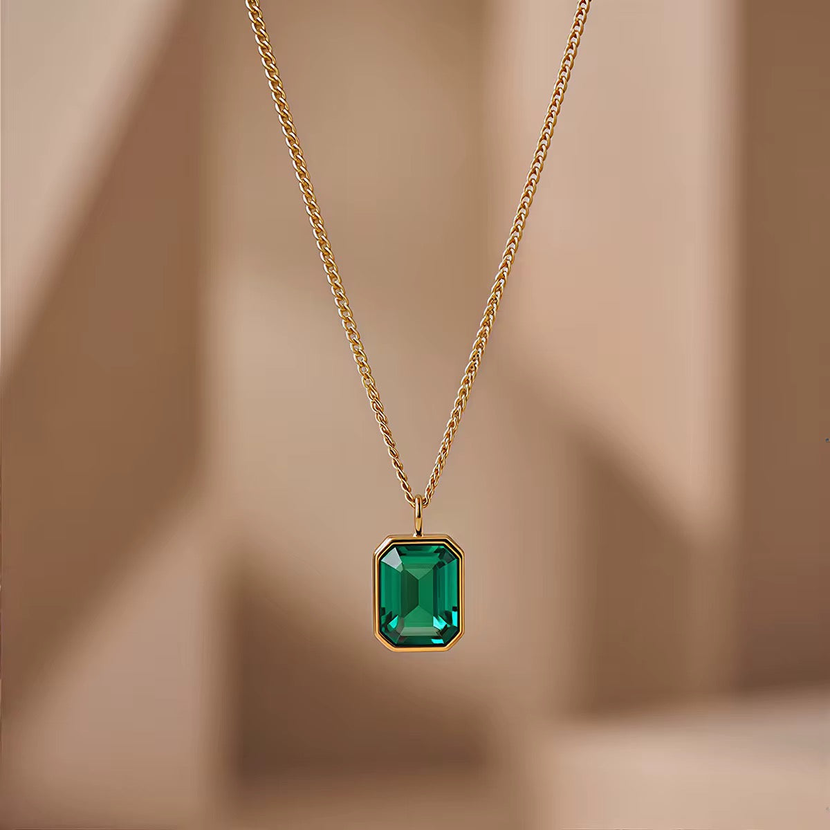 Emerald-Cut Green Crystal Pendant Necklace