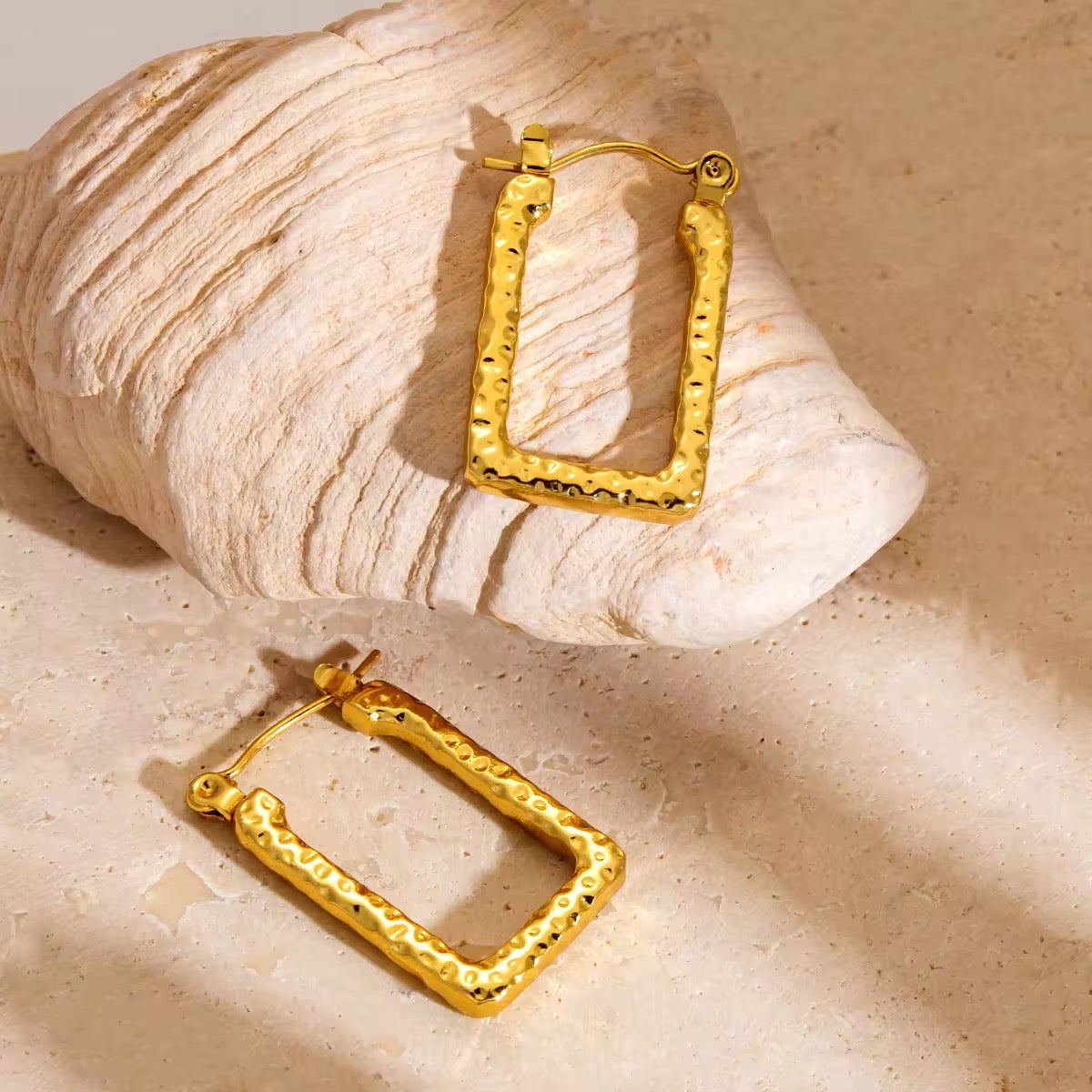 Gold Plated Hammered Rectangle Hoop Earrings