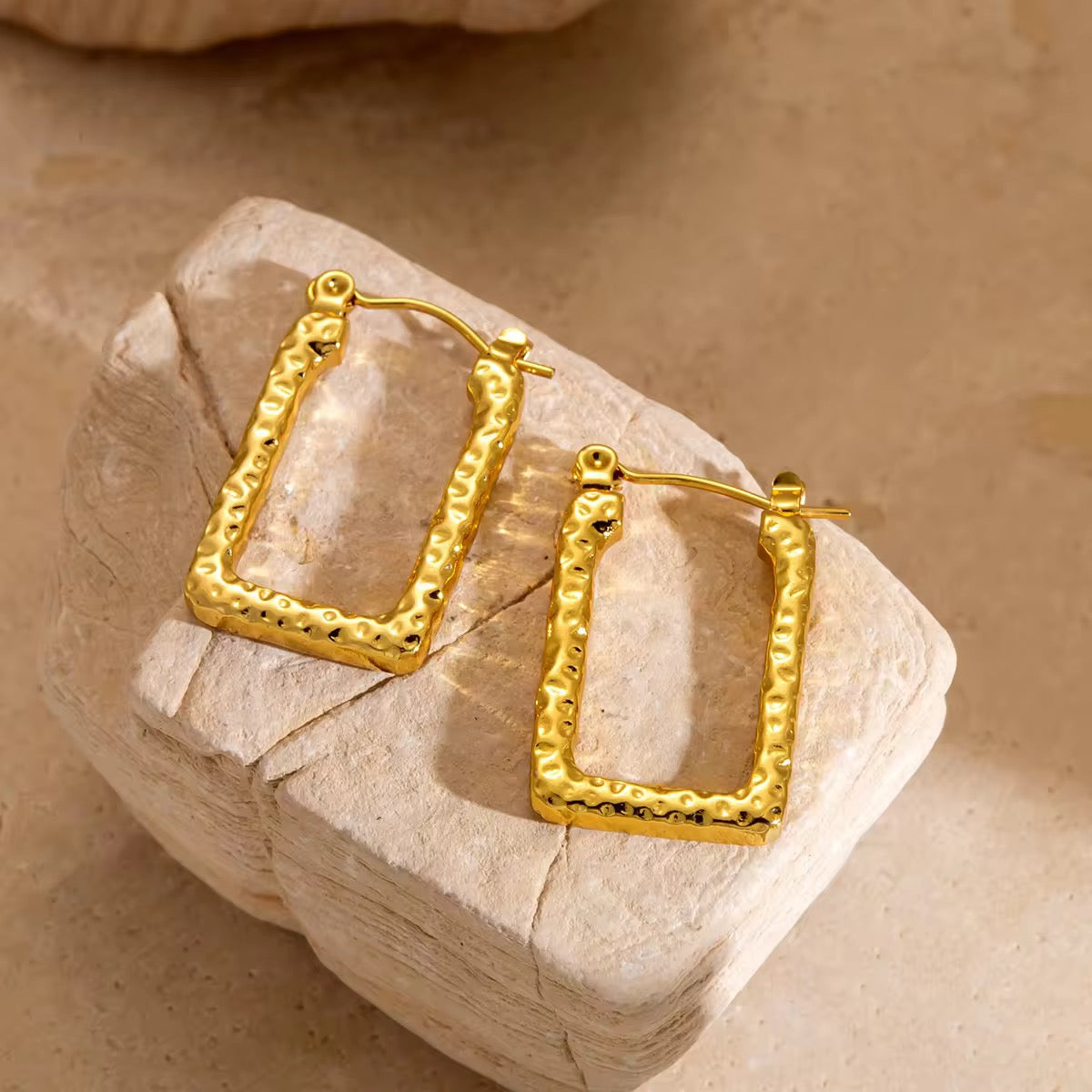 Gold Plated Hammered Rectangle Hoop Earrings