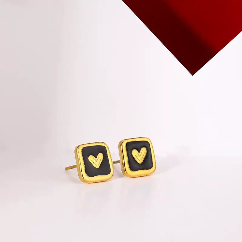 Gold Plated Square Heart Design Stud Earrings