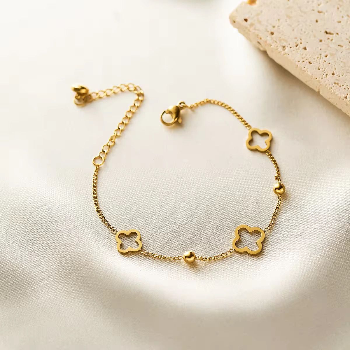 Gold-Plated Hollow Clover Charm Bracelet