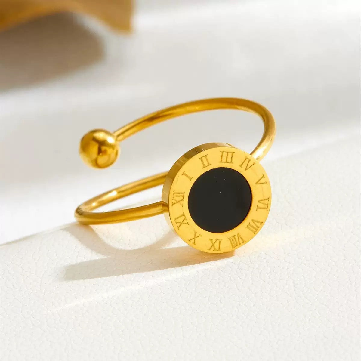 Gold-Tone Black Oval Adjustable Ring