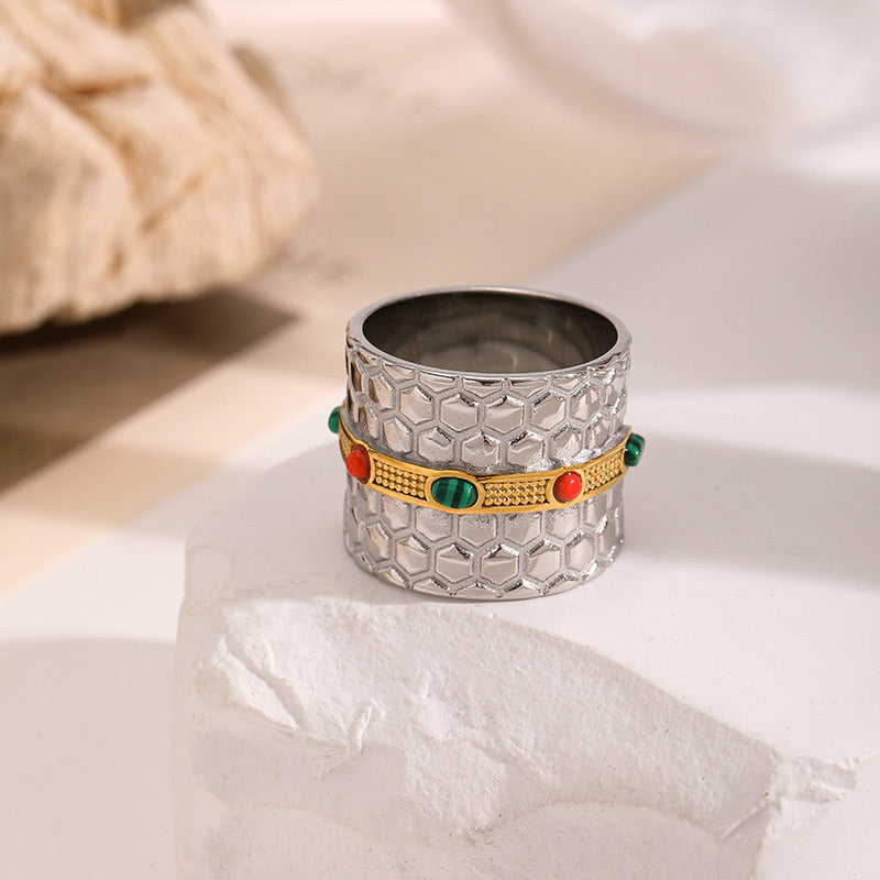 Bold Stainless Steel Ring with Colored Stones