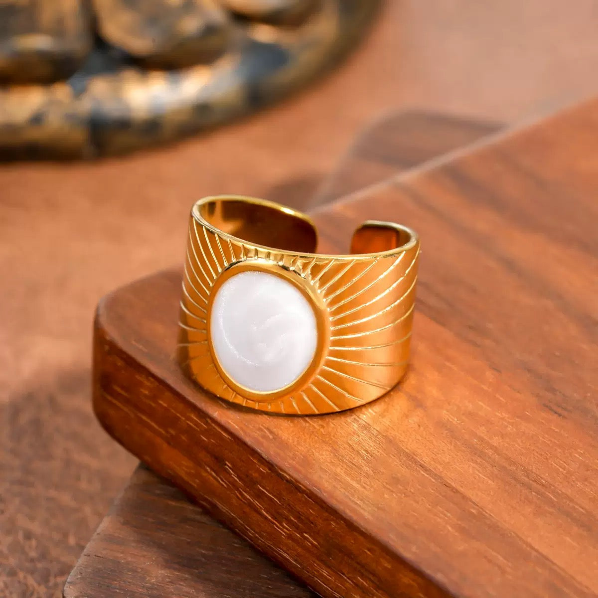 Gold Plated Sunburst Pearl Signet Ring