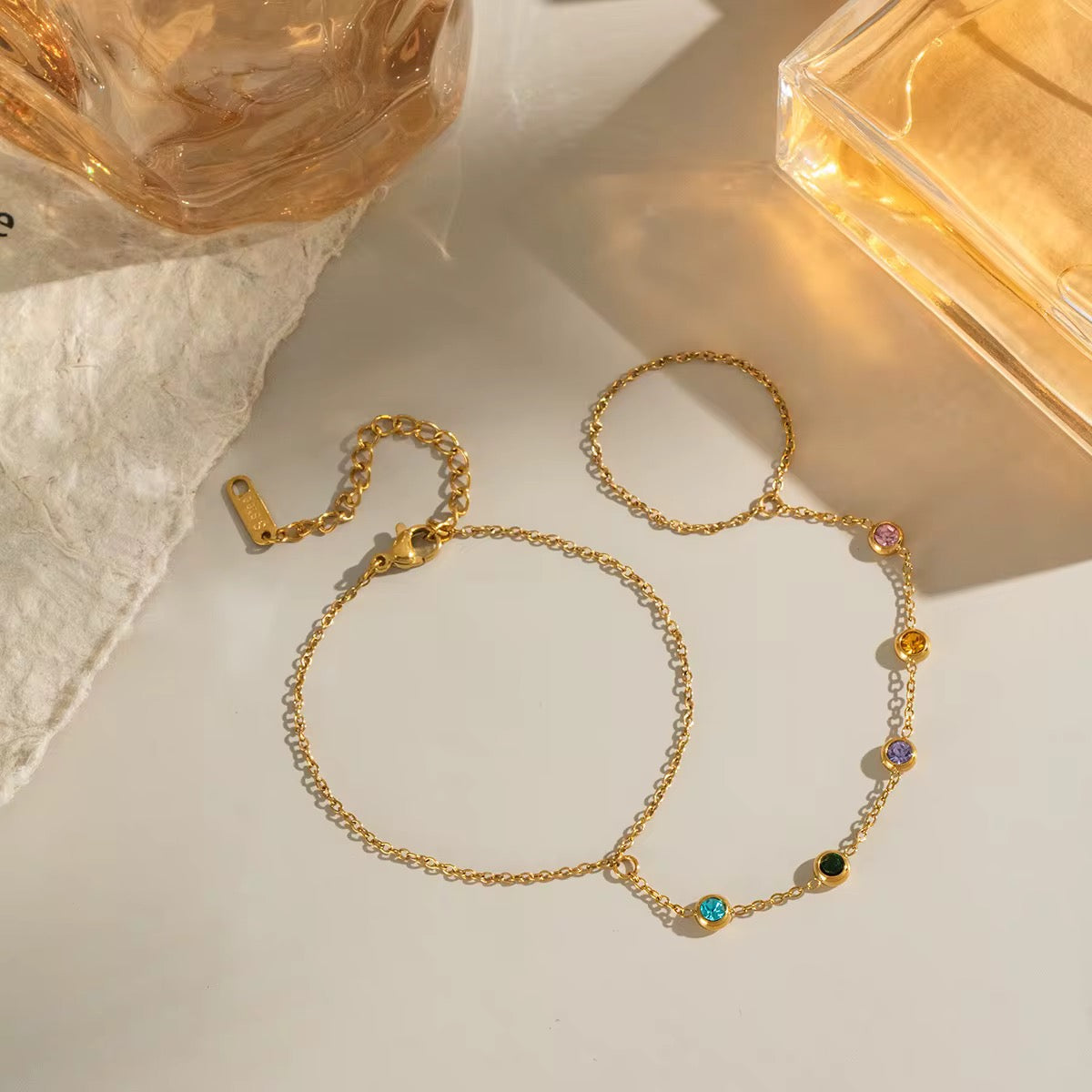 18K Gold Plated Multicolor Crystal Hand Chain Bracelet Ring