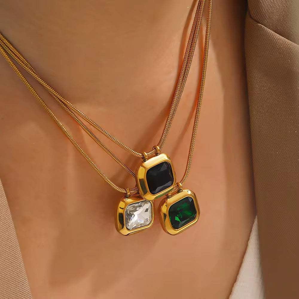 Gold Plated Emerald Green Square Pendant Necklace