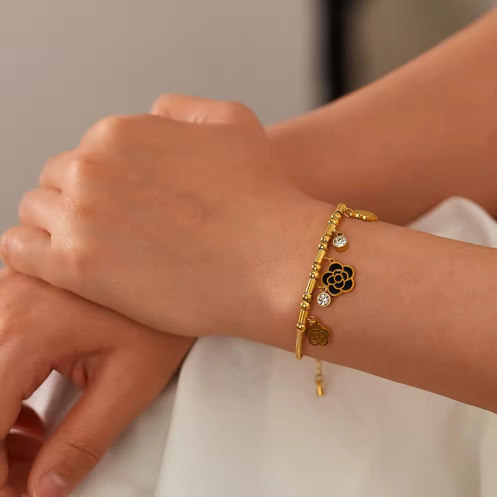 18K Gold Plated Black Flower Charm Snake Chain Bracelet