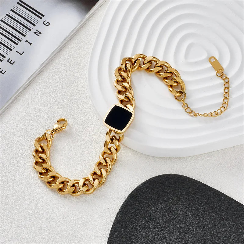 Black Stone Studded Heavy Cuben Gold Plated Chained Bracelet