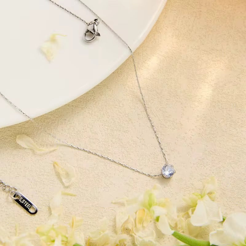 Minimal Silver Stainless Steel Crystal Studded Necklace