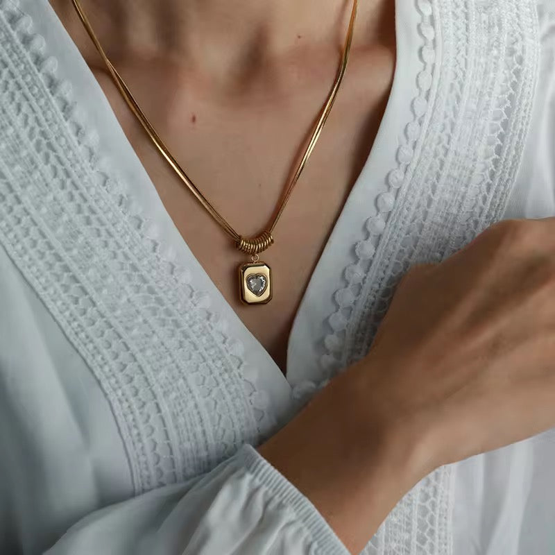 Gold-Tone Heart Crystal Pendant Snake Chain Necklace