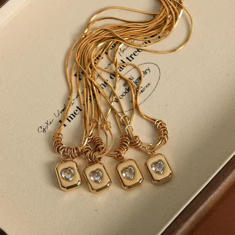 Gold-Tone Heart Crystal Pendant Snake Chain Necklace