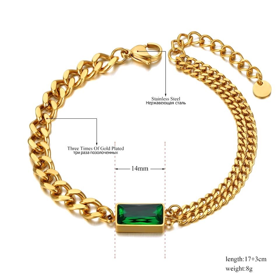 Green Crystal Heavy Chained Gold Plated Bracelet