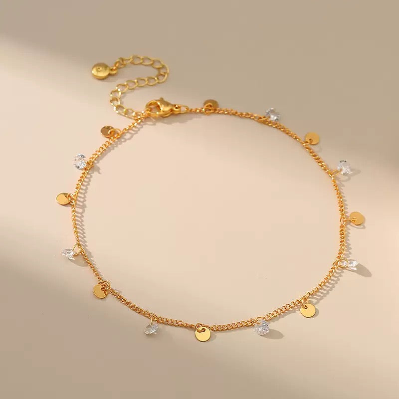 Gold Plated Crystal Disc Charm Anklet