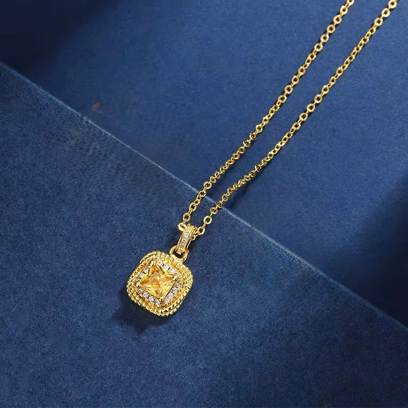 Vintage Cushion-Cut Yellow Crystal Halo Necklace