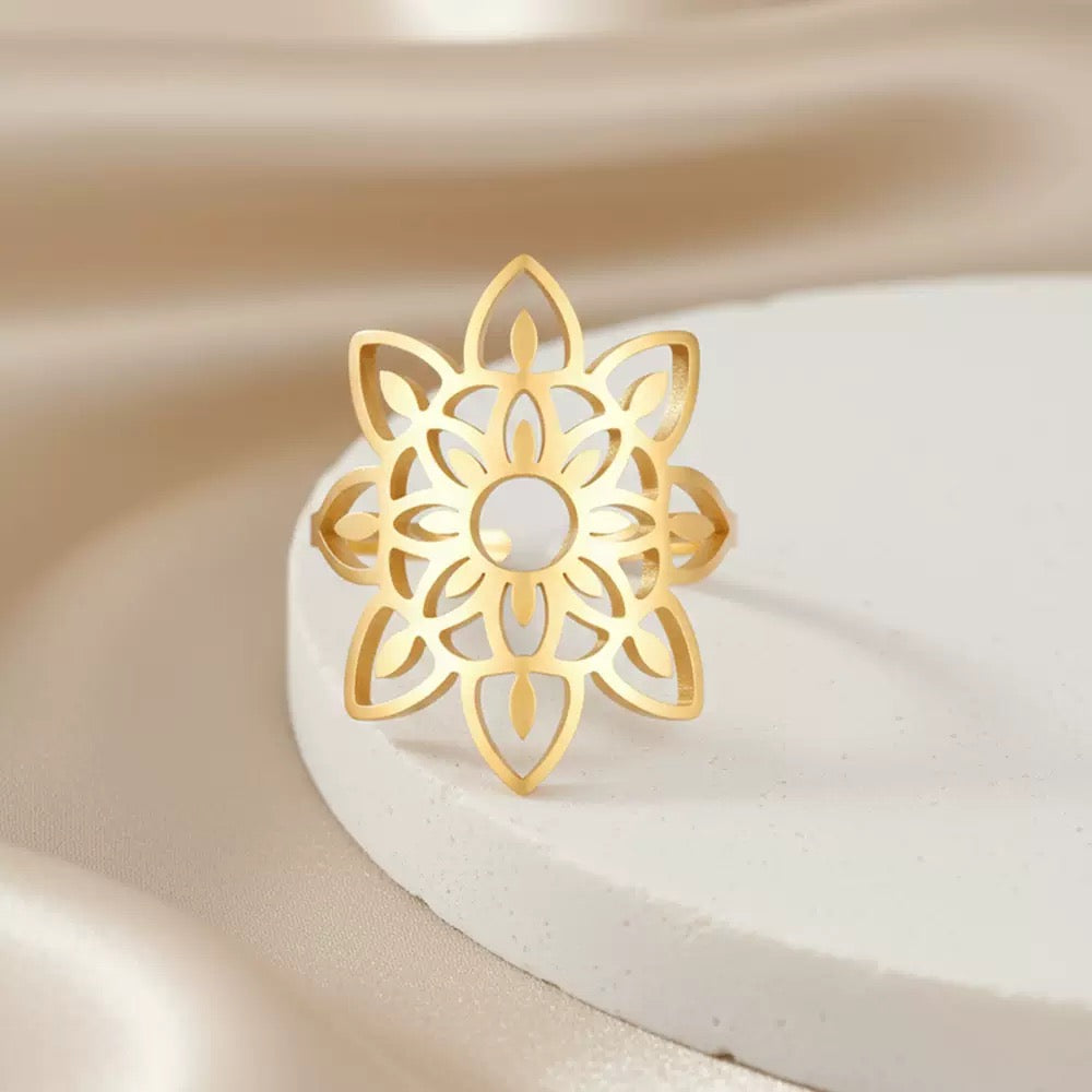 Gold Plated Mandala Bloom Adjustable Ring
