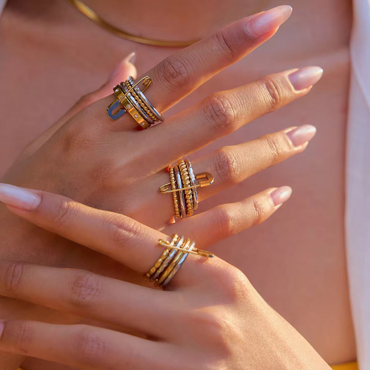 Layered Crystal Bead Ring with Safety-Pin Charm
