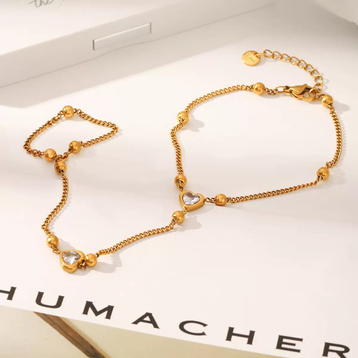 Gold Plated Beaded Heart Hand Chain Bracelet