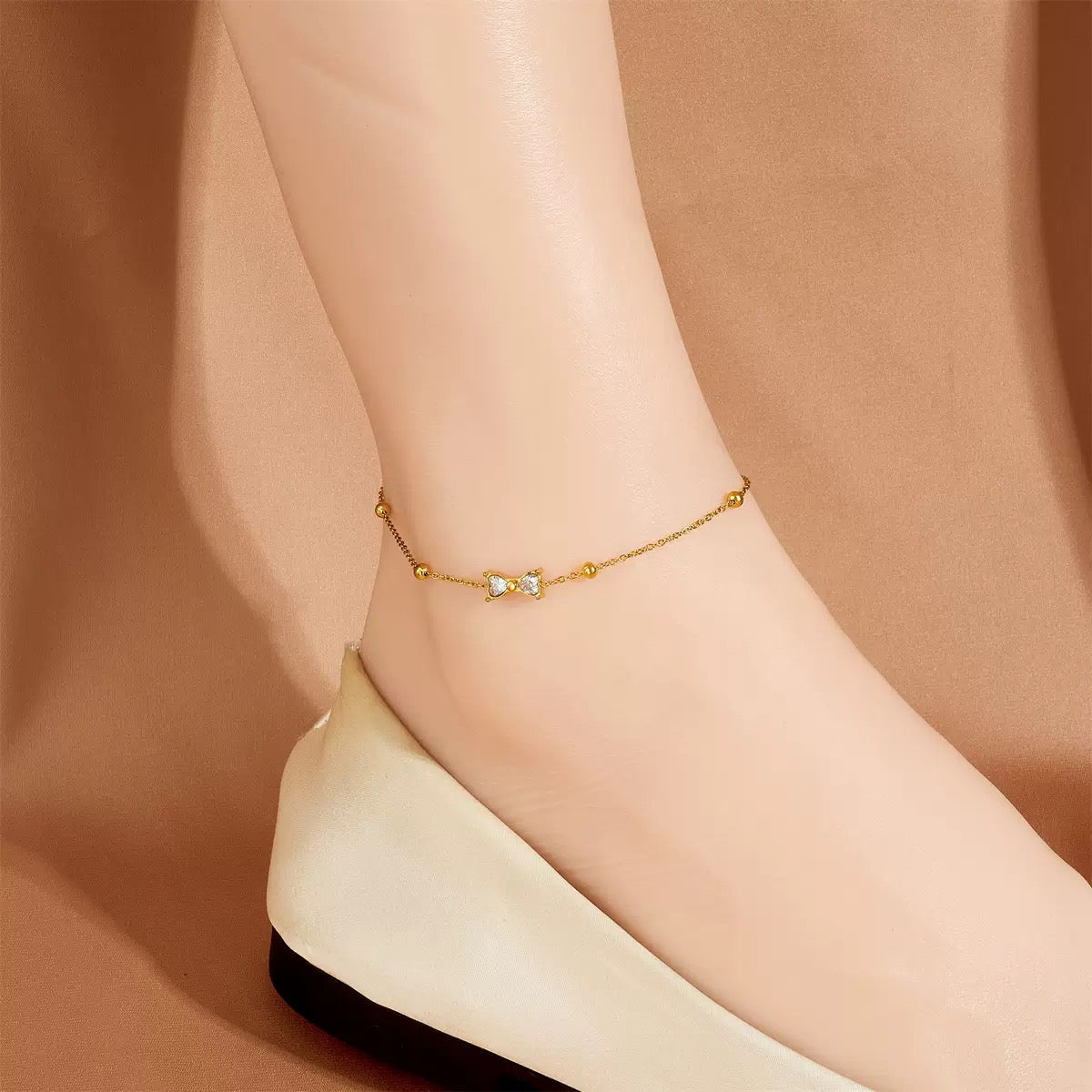 18K Gold Plated Bow & Bead Station Anklet