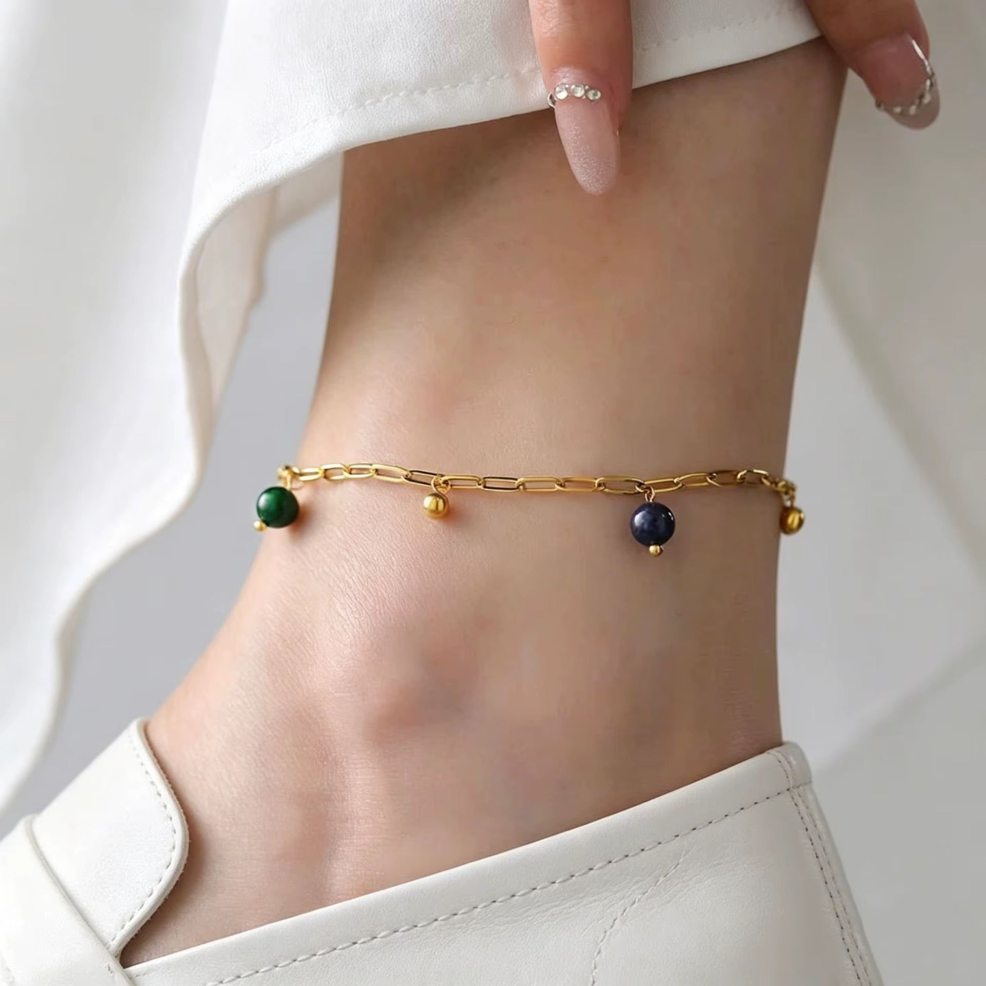 Four-Color Beaded Gold Anklet