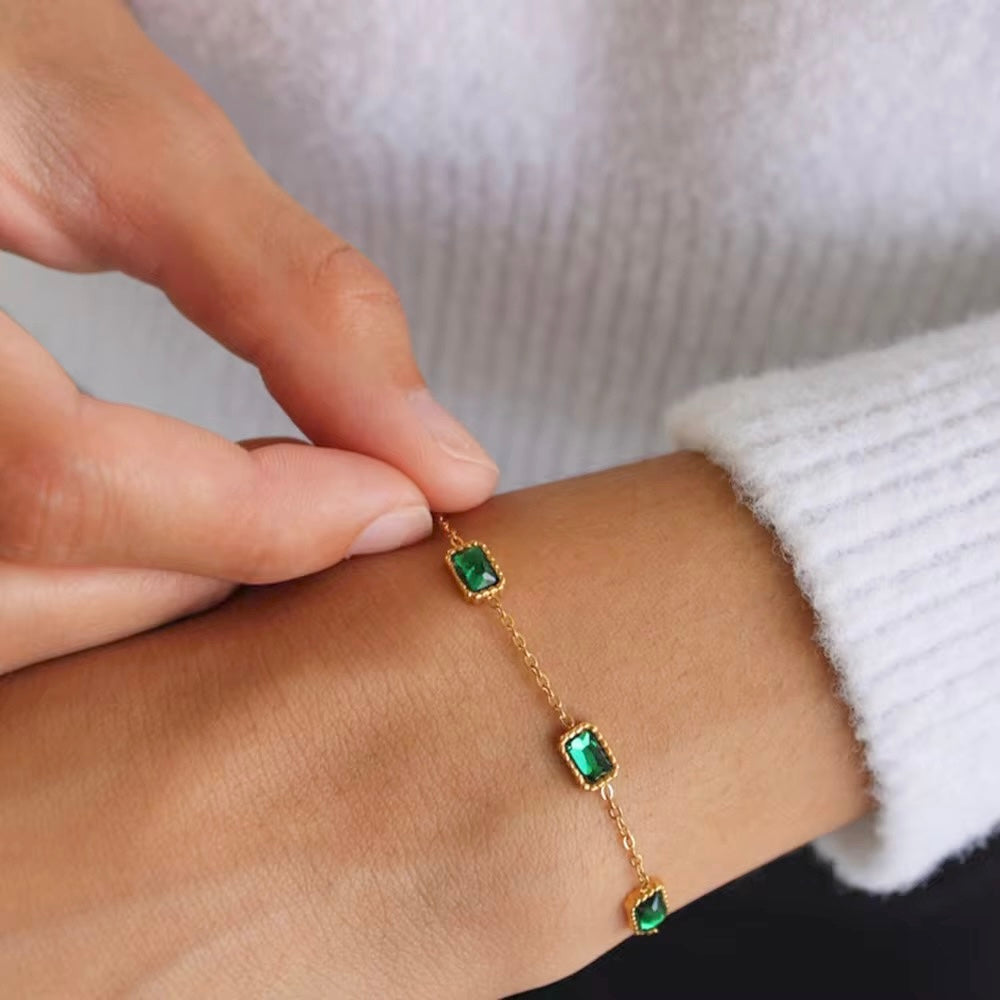 Green Crystal-Studded Thin Chained Bracelet