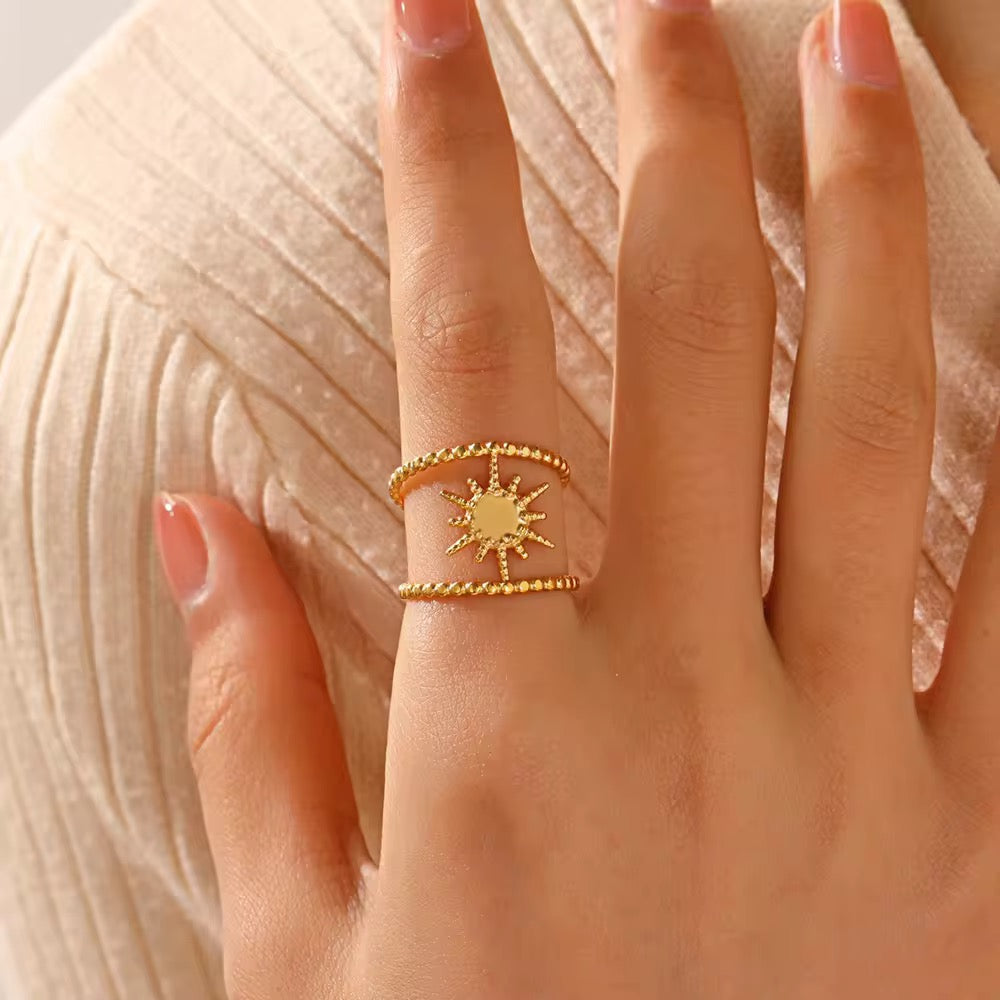 18K Gold Plated Sunburst Beaded Adjustable Ring