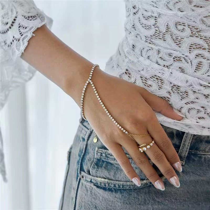 Crystal Tennis Hand Chain Bracelet Ring